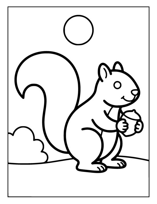 Squirrel with a bushy tail holding an acorn beside a bush below a round sun on a coloring page