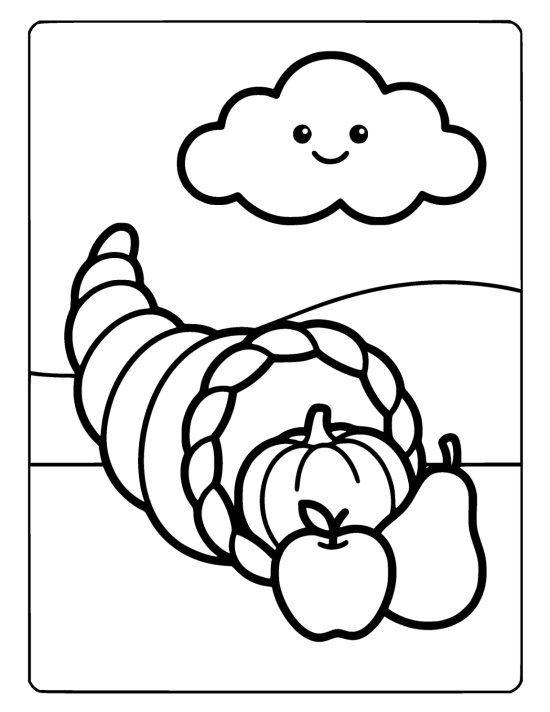 Woven cornucopia spilling a pumpkin, an apple and a pear below a smiling cloud on a coloring page