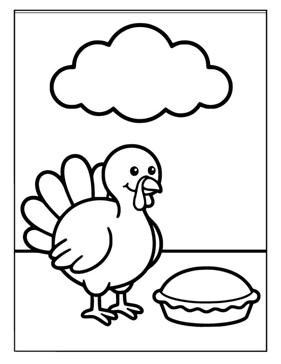 Round turkey standing beside a whole pie on flat ground below a puffy cloud on a coloring sheet
