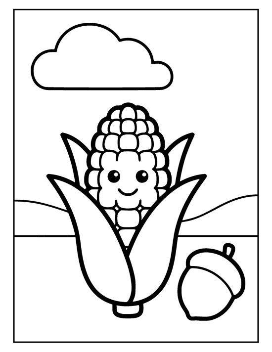 Smiling corn cob with its husks peeled back standing beside a large acorn on a coloring sheet