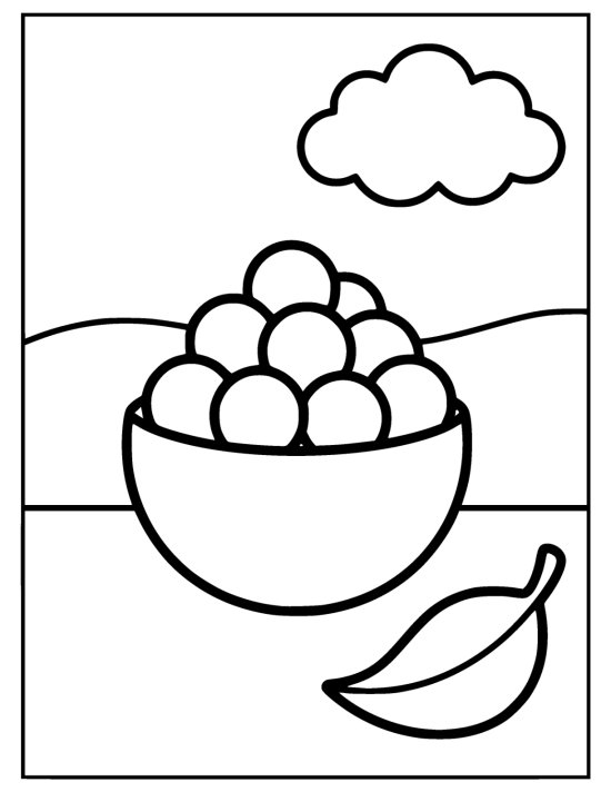 Round bowl heaped with cranberries beside a fallen leaf below a cloud on a coloring page