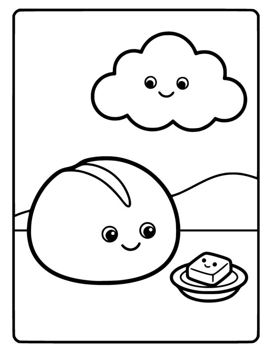 Smiling dinner roll beside a pat of butter on a small dish below a smiling cloud on a coloring sheet