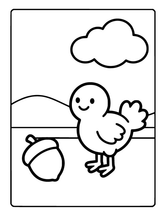Small round turkey chick standing on grass beside a large acorn on a coloring page