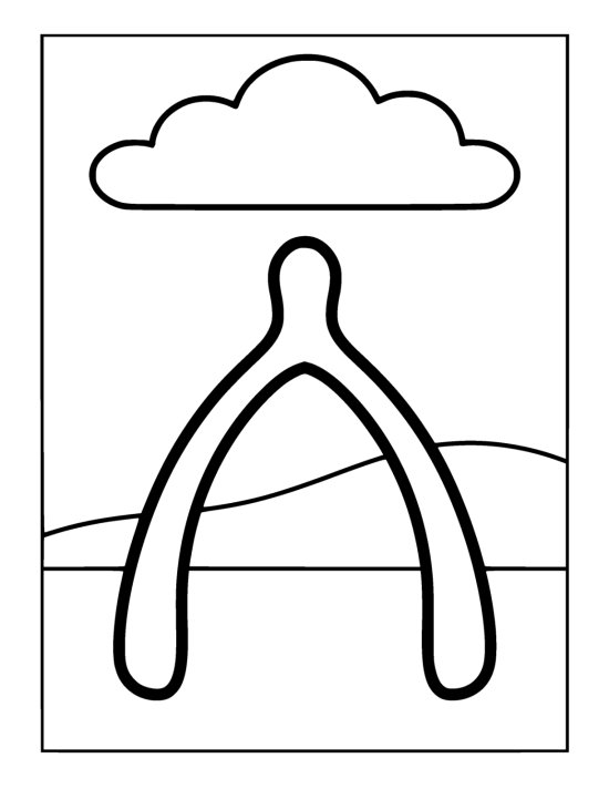 Large chunky wishbone standing upright on flat ground below a puffy cloud on a coloring sheet