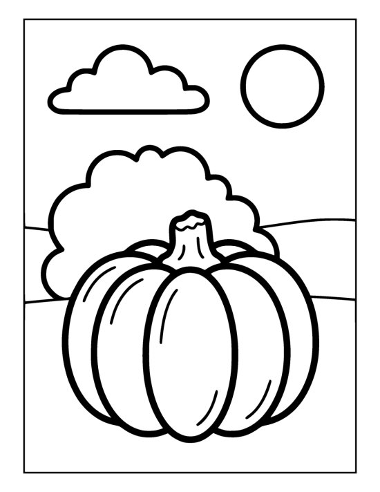 Round pumpkin sitting on flat ground in front of a bush below the sun and a cloud on a coloring page