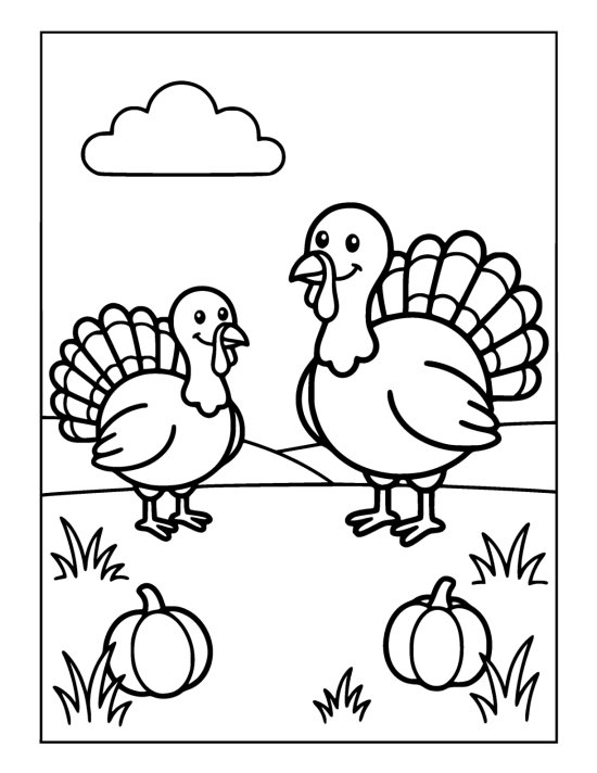 Two round turkeys standing on grass beside two pumpkins below a cloud on a coloring page