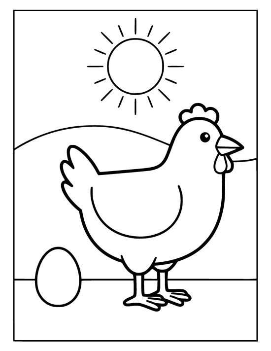 Round hen with a comb, a beak and a wattle standing on grass beside an egg below a bright sun on a coloring sheet