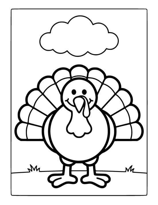 Round turkey seen from the front with its tail fanned behind it below a cloud on a coloring sheet