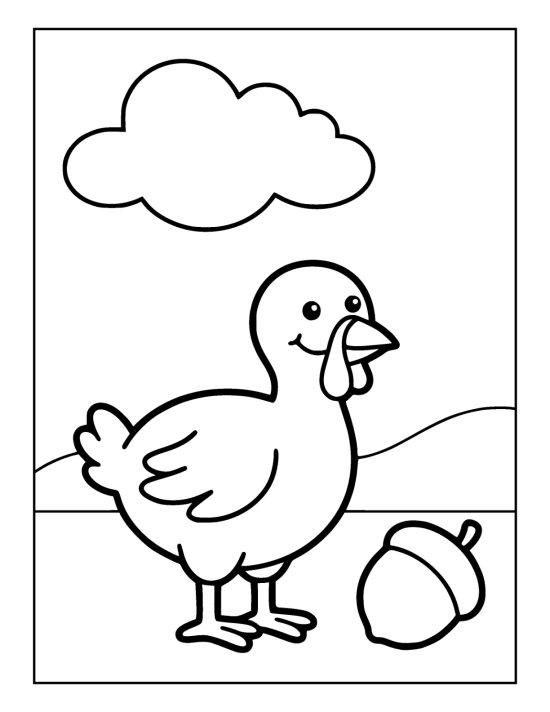 Small round turkey chick standing on grass beside a large acorn on a coloring page