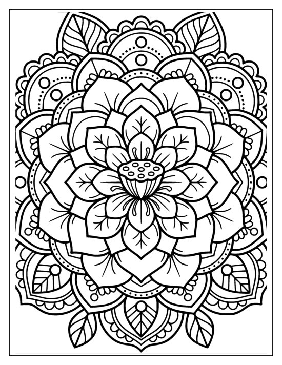 Lotus with layered petals opening from a seed pod in radial symmetry, coloring page