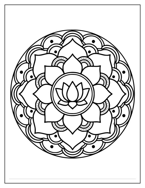 Lotus with curling petal tips and leaf motifs and a spiral heart, coloring page