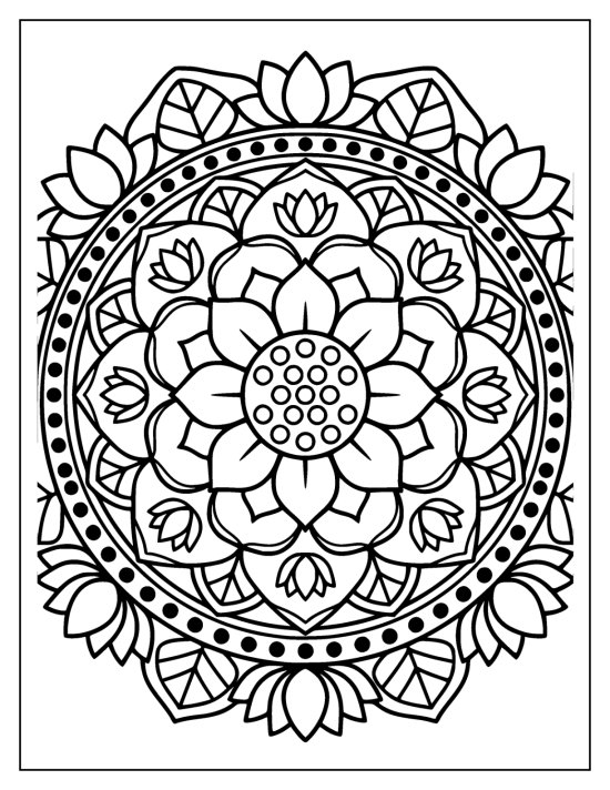 Lotus centered in a circle with radiating petals and a bud heart, coloring sheet