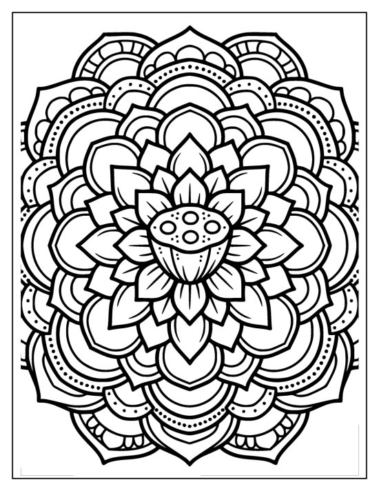 Lotus with paisley petals alternating with lotus petals and a patterned heart, coloring page