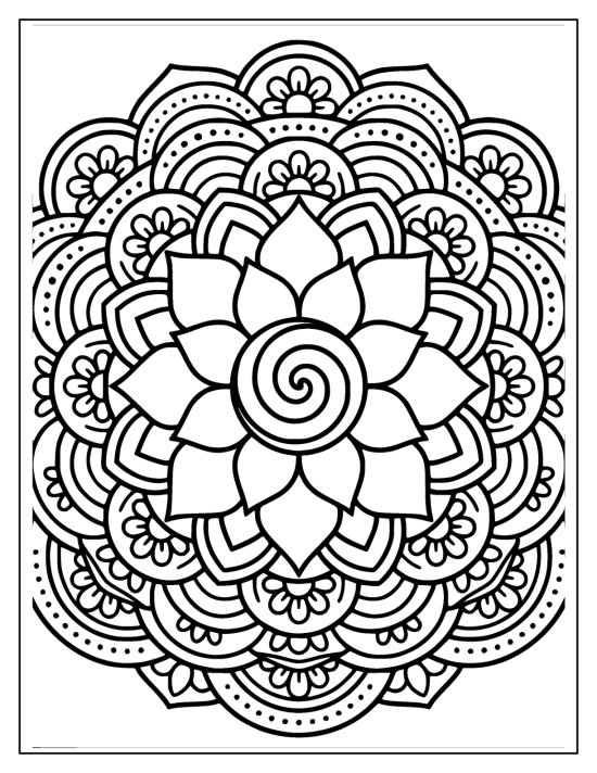 Lotus with a full head of layered petals and a pod center, coloring sheet