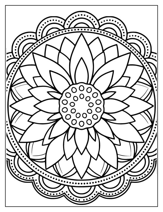 Lotus with heart tipped petals and a spiral center framed by dotted arcs, mandala