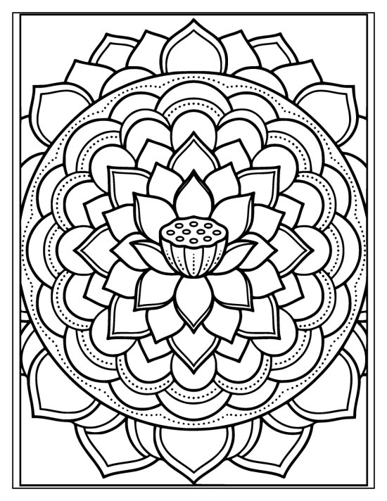 Lotus with fine thin petals in many rings and a dotted center, coloring sheet