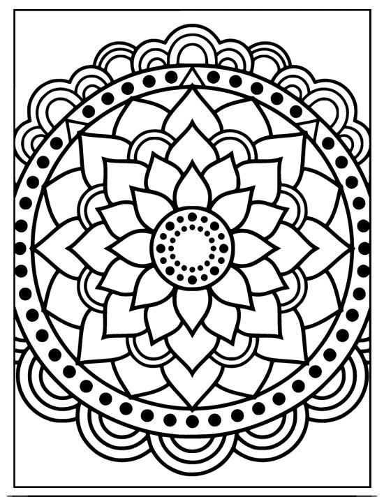 Lotus with rings of pointed petals around a dotted center in a dotted ring, coloring sheet