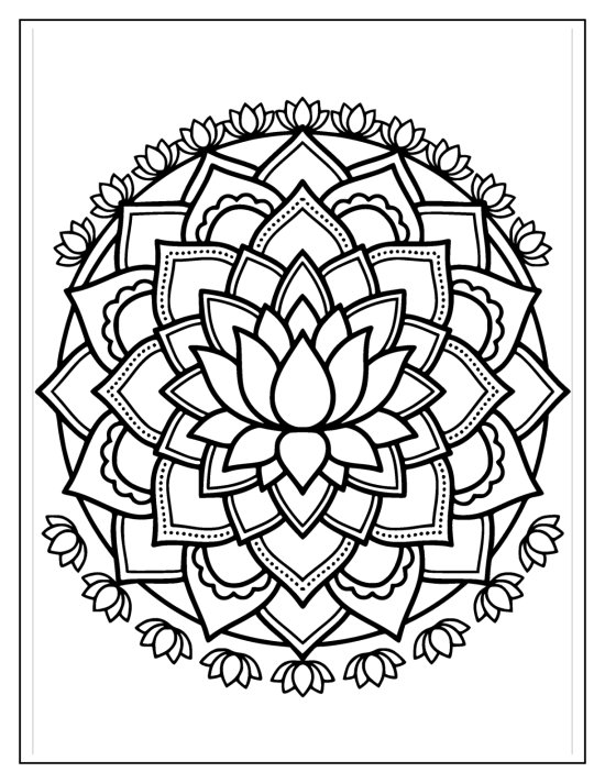 Lotus with vine and leaf motifs woven between petals and a swirled center, coloring page