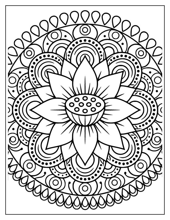 Lotus with a flowering center and pointed geometric petals, coloring sheet