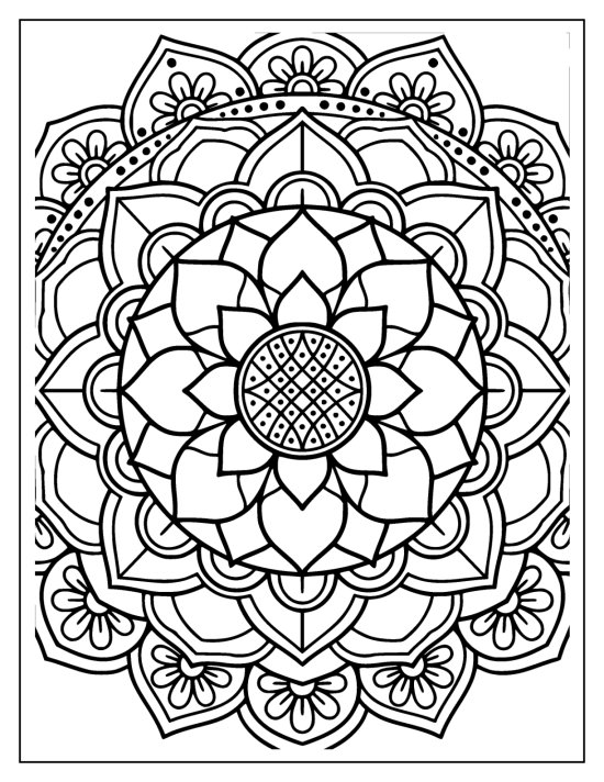 Lotus with an oval pod center and radiating petals ringed by teardrops, mandala