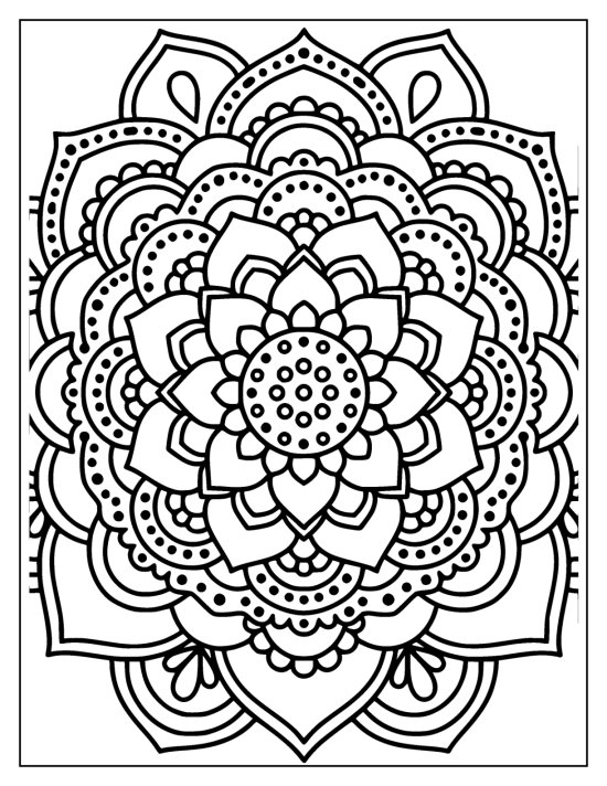 Lotus with petals circling a lattice center inside scalloped rings, coloring page