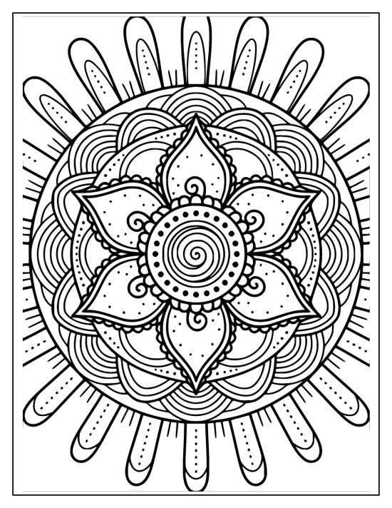 Lotus with a rounded head of layered petals and a dotted pod heart, coloring sheet