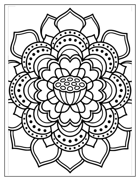 Lotus with curling dotted petals and a spiral center in a sunburst, mandala