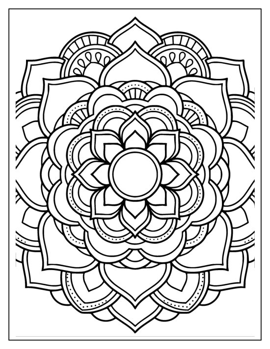 Lotus with a heart shaped bloom of petals and a pod center, coloring page