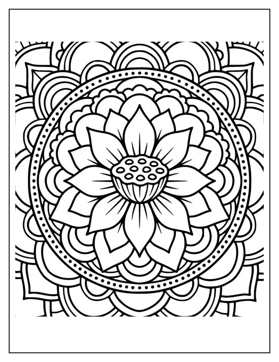 Lotus with lace like thin petals and a bold center in a lotus ring, coloring sheet