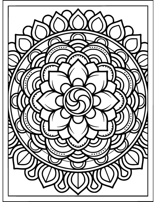 Lotus with petals radiating into a medallion ringed by rays and buds, coloring page