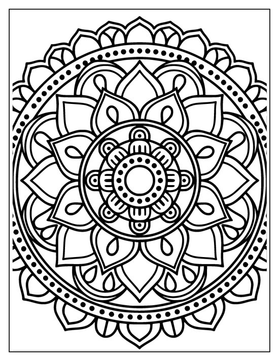 Lotus with a full bloom of petals and a swirled pod center, coloring sheet