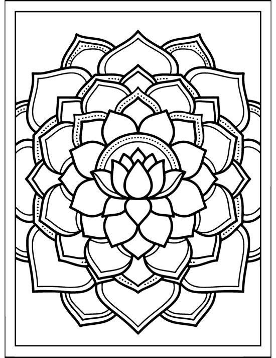 Lotus with alternating petal lengths and a bud center in concentric bands, coloring page