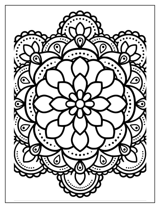 Lotus with a broad face of petals and a patterned pod ringed by long thin petals, coloring sheet