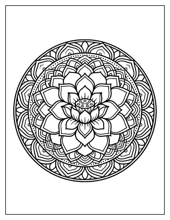 spiritual lotus flower mandala coloring with symmetrical layered petals and a central seed pod, mandala