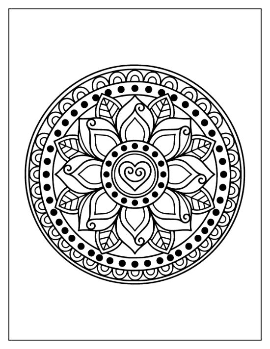 Symmetrical lotus flower mandala with a heart center and thick black outlines for an easy coloring page.
