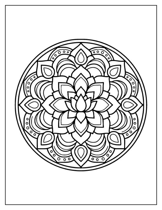 Circular lotus flower with layered petals and symmetrical geometric patterns in a bold and easy coloring page.