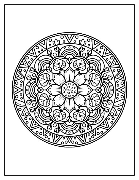 Circular floral mandala featuring a central blooming flower surrounded by heart shaped leaves and geometric patterns coloring sheet.