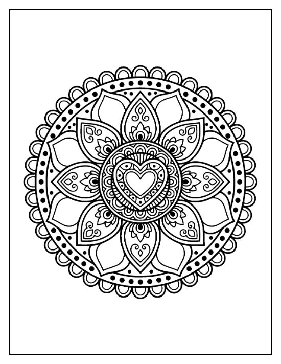 Circular mandala with a central heart motif and layered lotus petals featuring intricate symmetrical patterns coloring page.