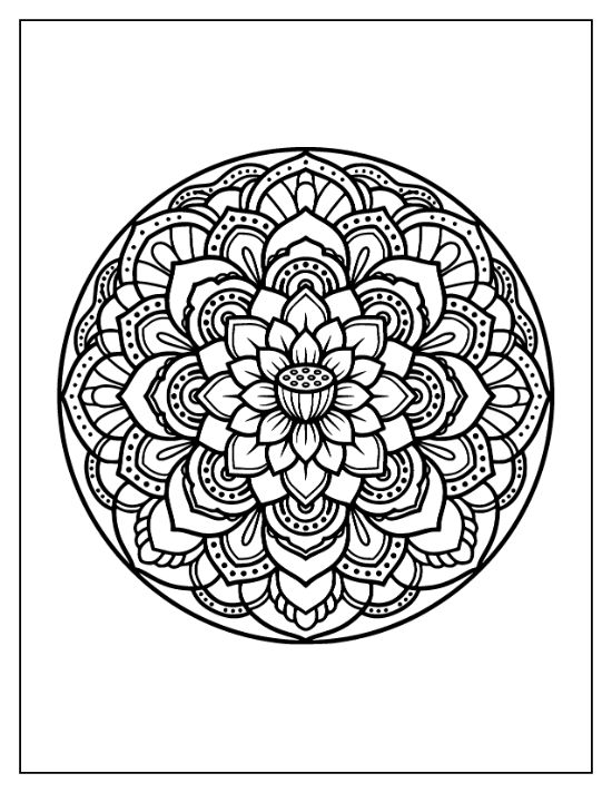 Lotus flower mandala featuring concentric layers of scalloped petals and dotted accents in a bold line art style.