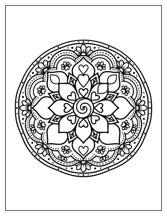Circular mandala featuring a central spiral, heart shaped petals, and small flowers with thick black outlines.