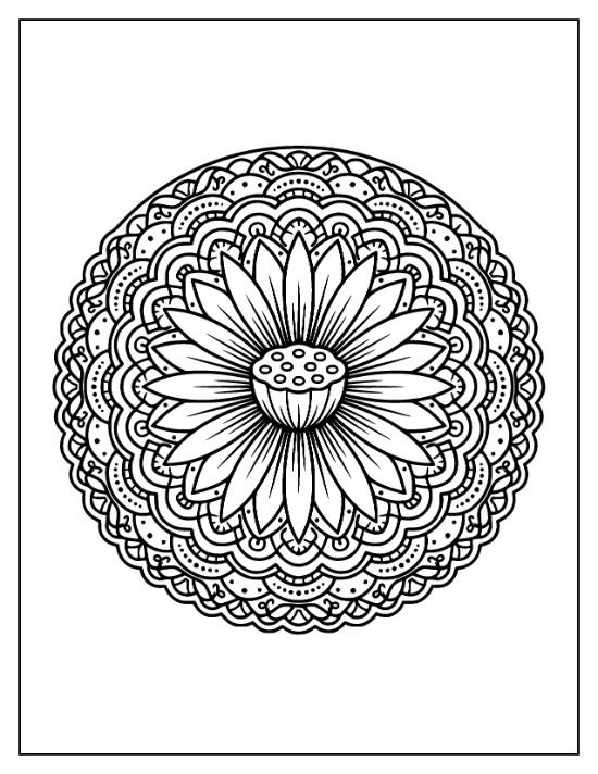 Lotus flower with pointed petals centered within a circular mandala of scalloped patterns and dots coloring page.
