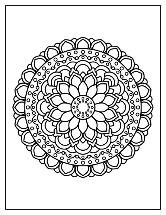 Lotus flower mandala with symmetrical petals and repeating circular motifs in a bold and easy coloring page.