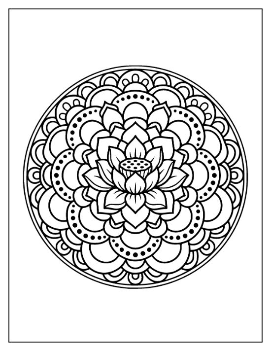 Lotus flower centered in a circular mandala with layered petals and dotted patterns bold and easy.