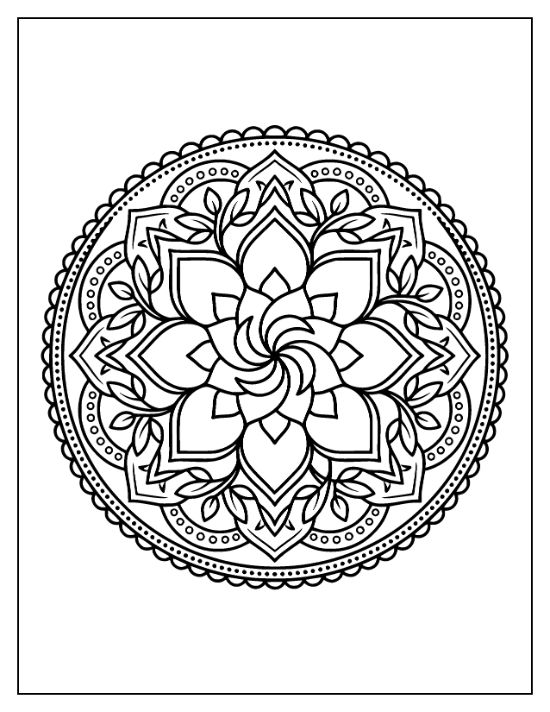 Symmetrical lotus flower mandala with swirling petals and leafy accents in a circular black and white line art.