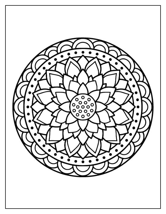 Lotus flower mandala with layered petals and circular geometric borders featuring dots and scalloped edges coloring page.