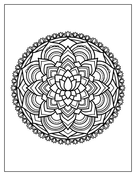Symmetrical lotus flower mandala with layered pointed petals and a border of small buds coloring page.