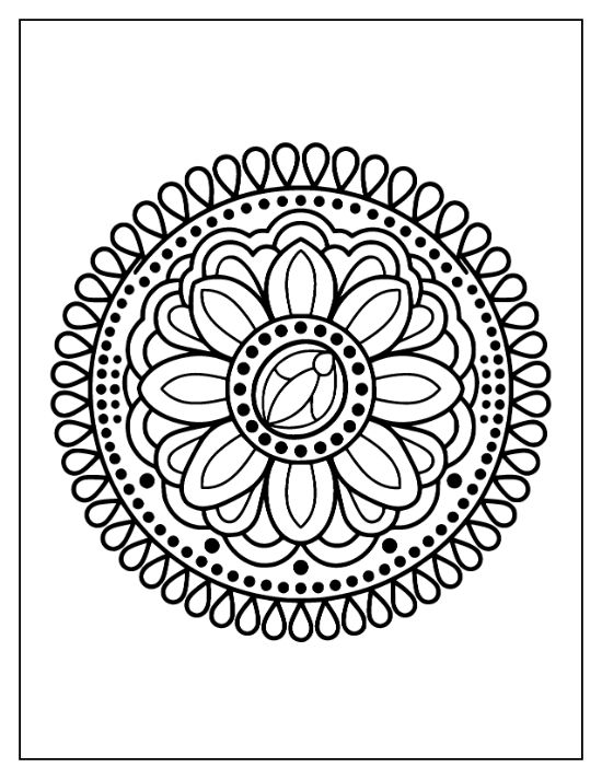 A circular lotus flower mandala with layered petals and a dotted border for a coloring sheet.