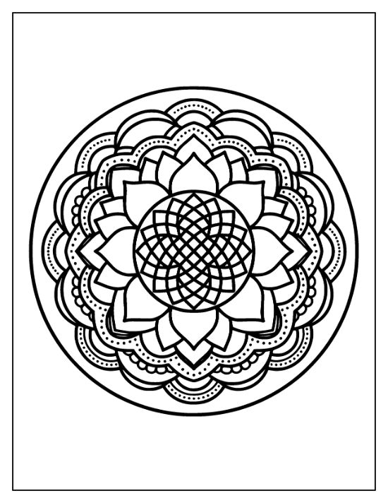 Lotus flower mandala with thick black outlines and a geometric seed pod center coloring sheet.