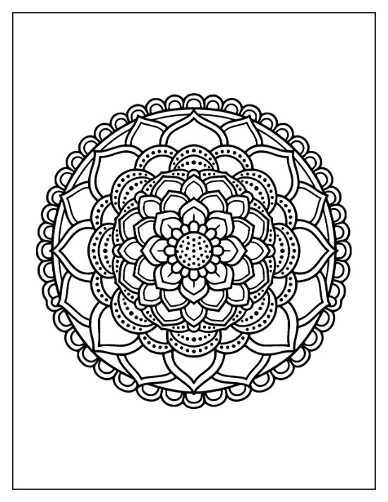 Symmetrical lotus flower with layered petals and dotted accents in a circular pattern mandala.