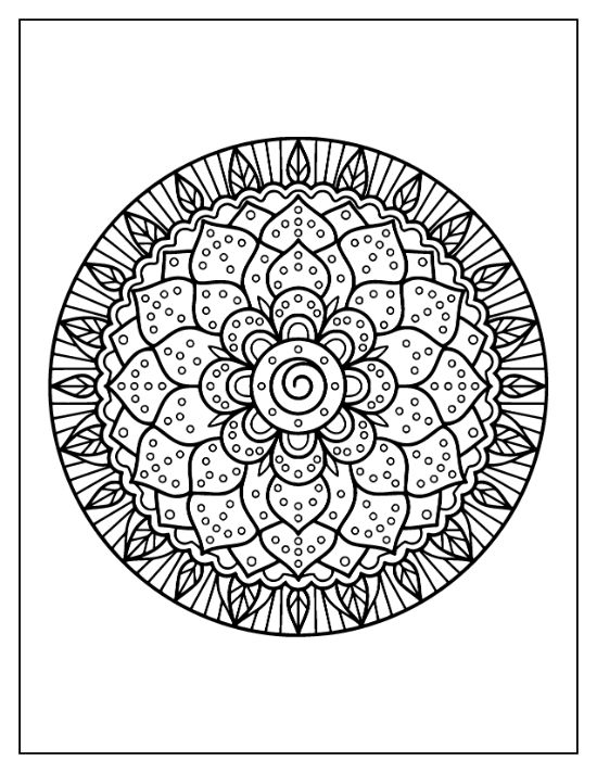 Lotus flower mandala with dotted petals and a central spiral motif in a symmetrical circular coloring page.
